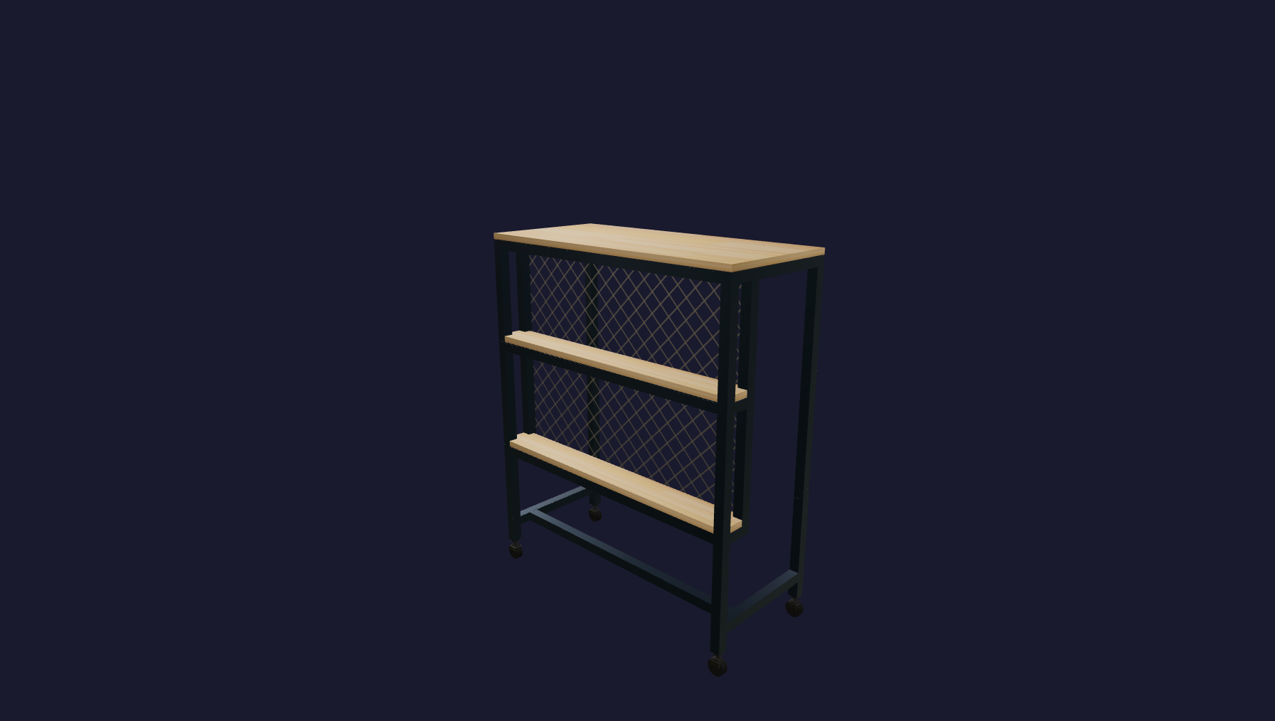 Plano 3D Mesa industrial con ruedas y estantes - 110x90x40