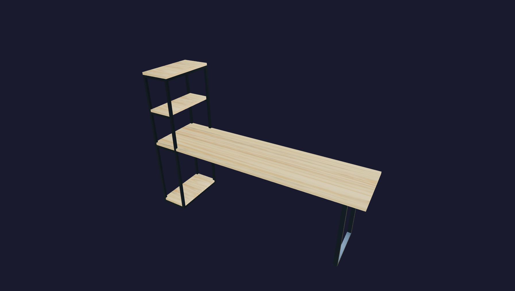 Plano 3D Escritorio con Estantes en Hierro y Madera