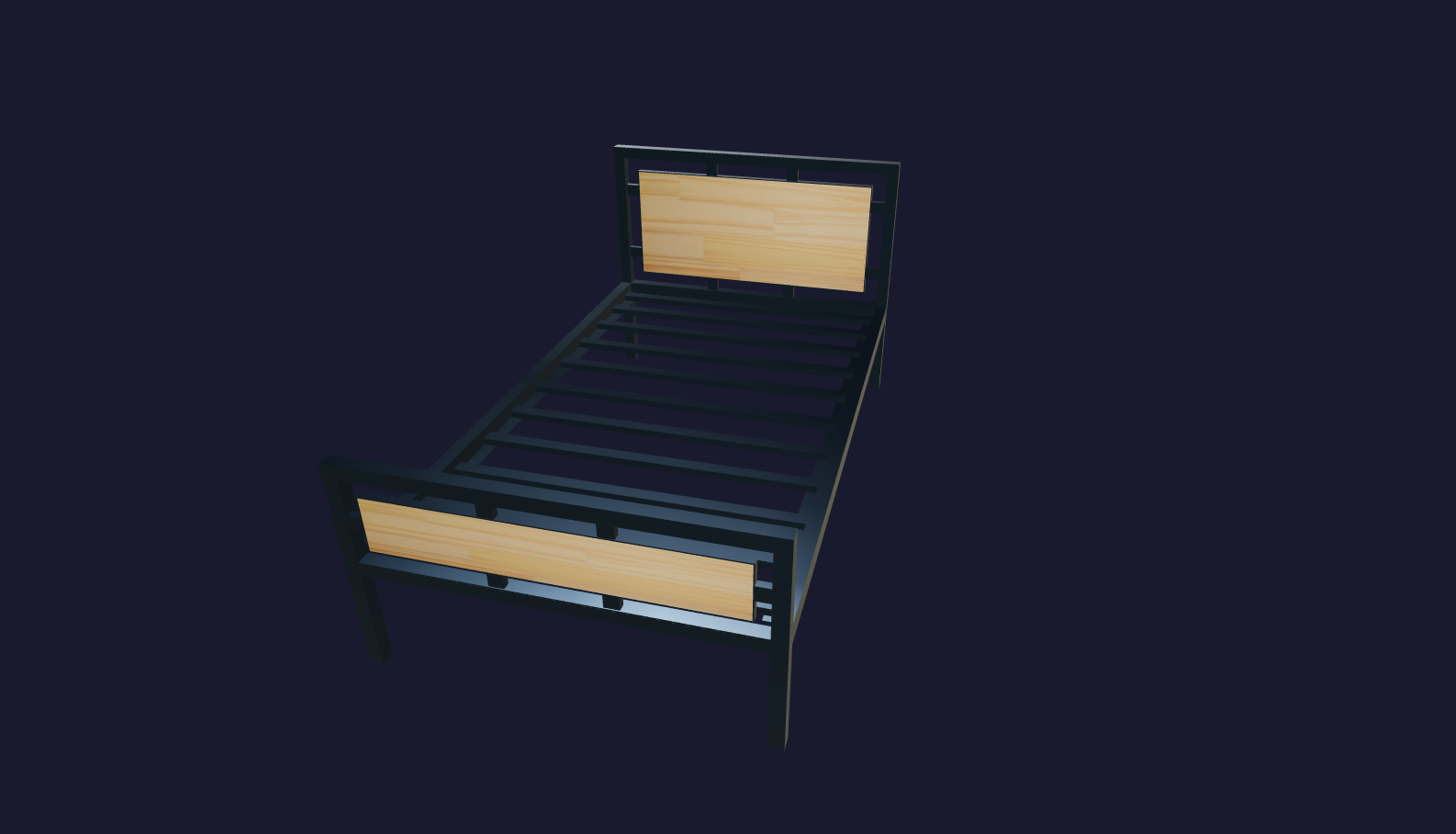 Plano 3D Cama de metal y madera con estética industrial