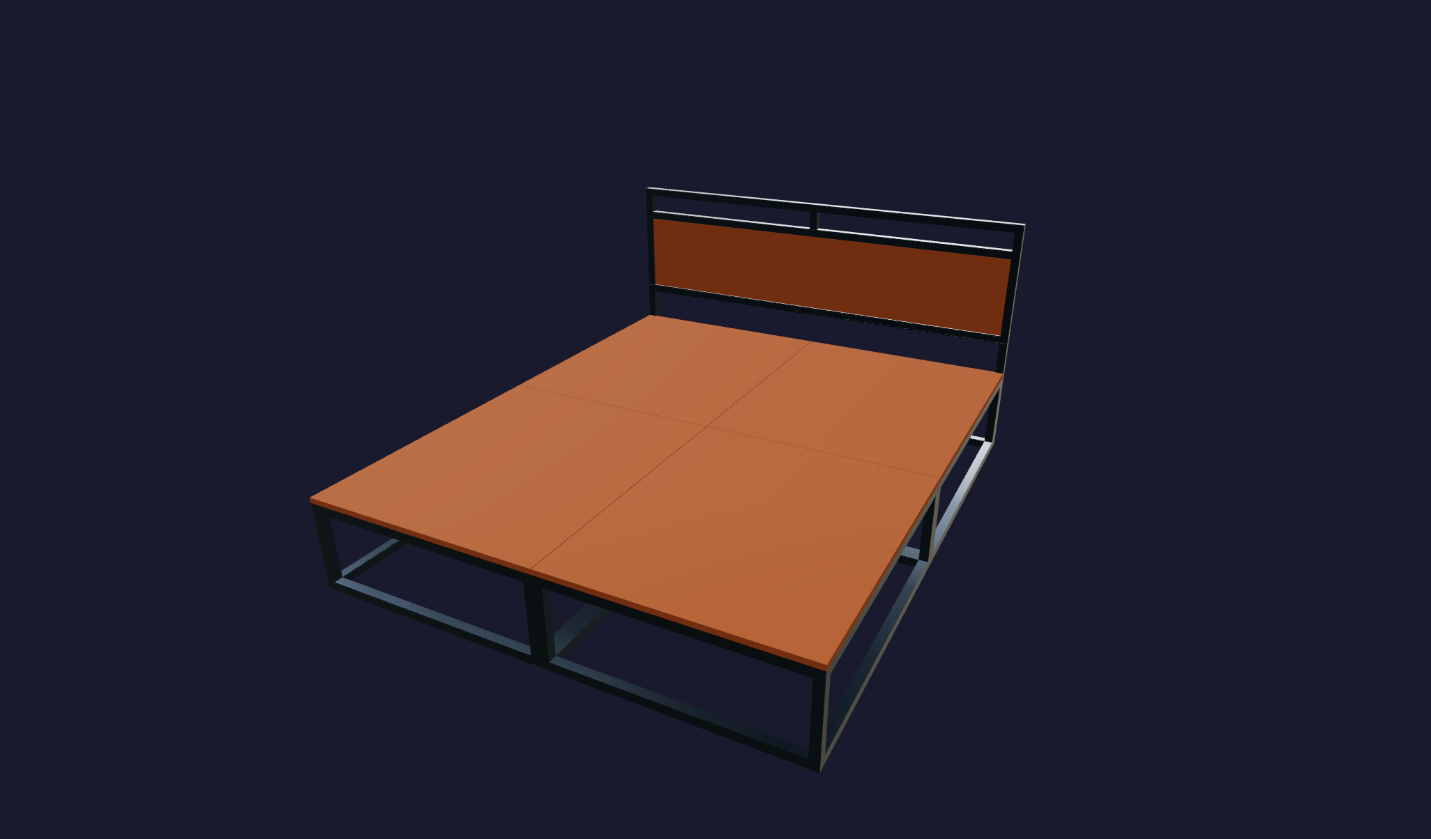 Plano 3D Cama baja industrial, diseño robusto y funcional