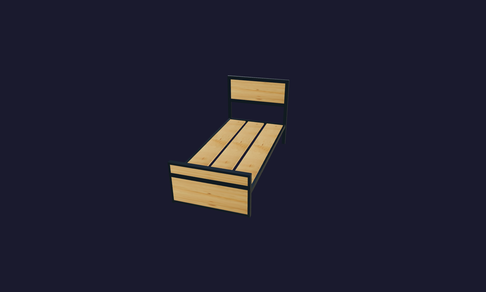 Plano 3D Cama 1 plaza minimalista con estructura de hierro y madera