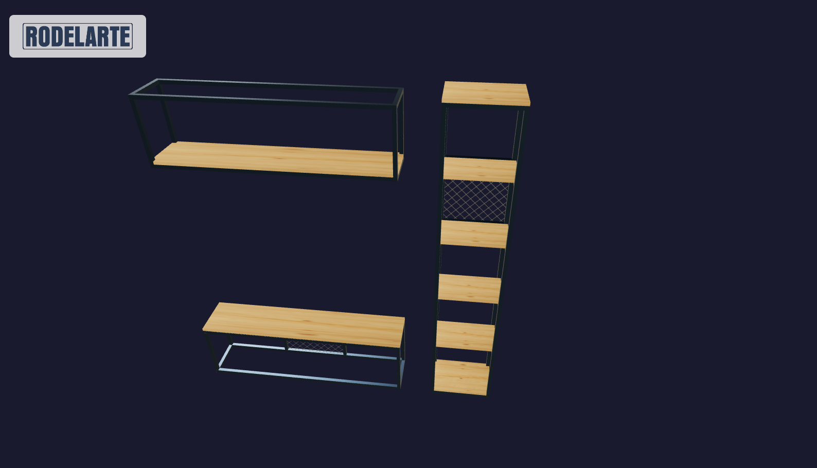 Plano 3D Conjunto para Living en hierro y madera 220x220x30