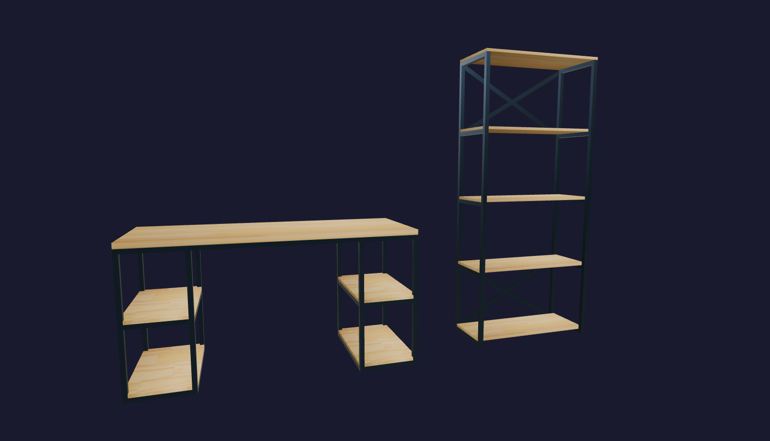 Plano 3D Escritorio y estantería de diseño industrial - 150x75x60 - 180x80x35