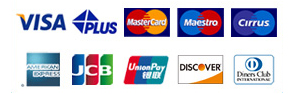 Logotipos de tarjetas de crédito y sistemas de pago: Visa, MasterCard, Maestro, American Express, JCB, Discover, entre otros.