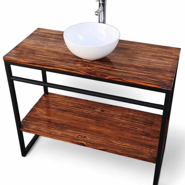 Lavabo de madera con marco de metal negro y lavabo redondo blanco.