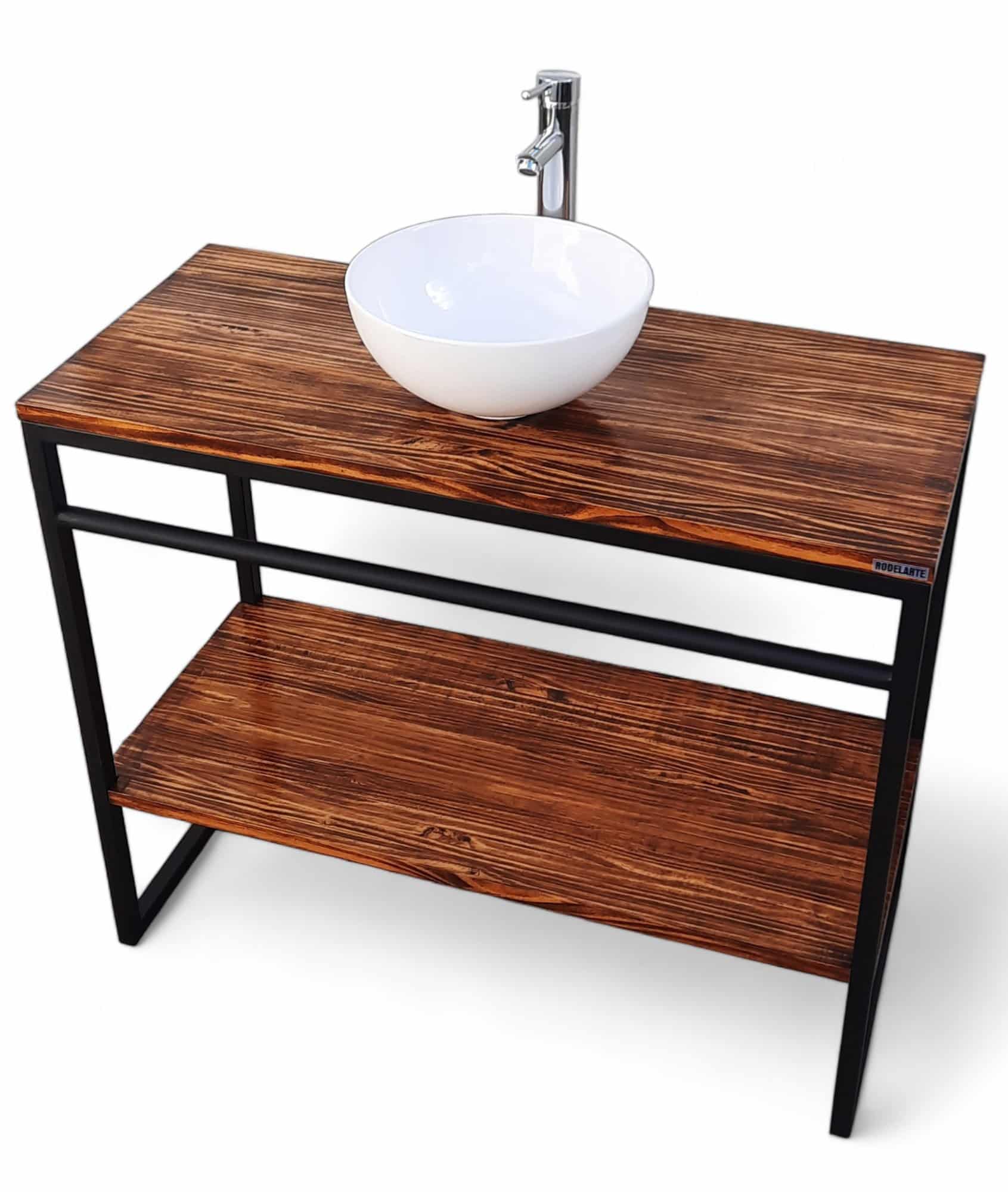 Lavabo de madera con marco de metal negro y lavabo redondo blanco.