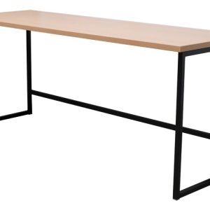 Mesa de oficina minimalista con superficie de madera clara y estructura de metal negro.