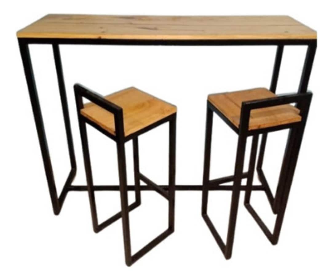 Mesa alta y dos taburetes de madera con estructura metálica negra minimalista.