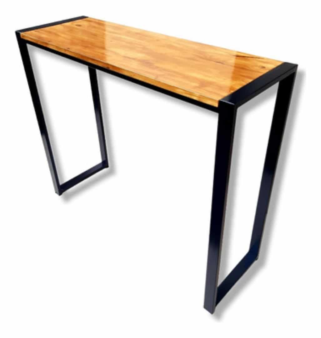 Mesa alta de madera con patas metálicas negras en forma de U.