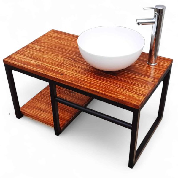 Mueble de baño moderno con base de madera, lavabo blanco redondo y grifo metálico cromado.