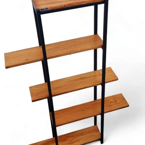 Estantería moderna de madera y metal negro con cinco niveles, diseño contemporáneo minimalista.