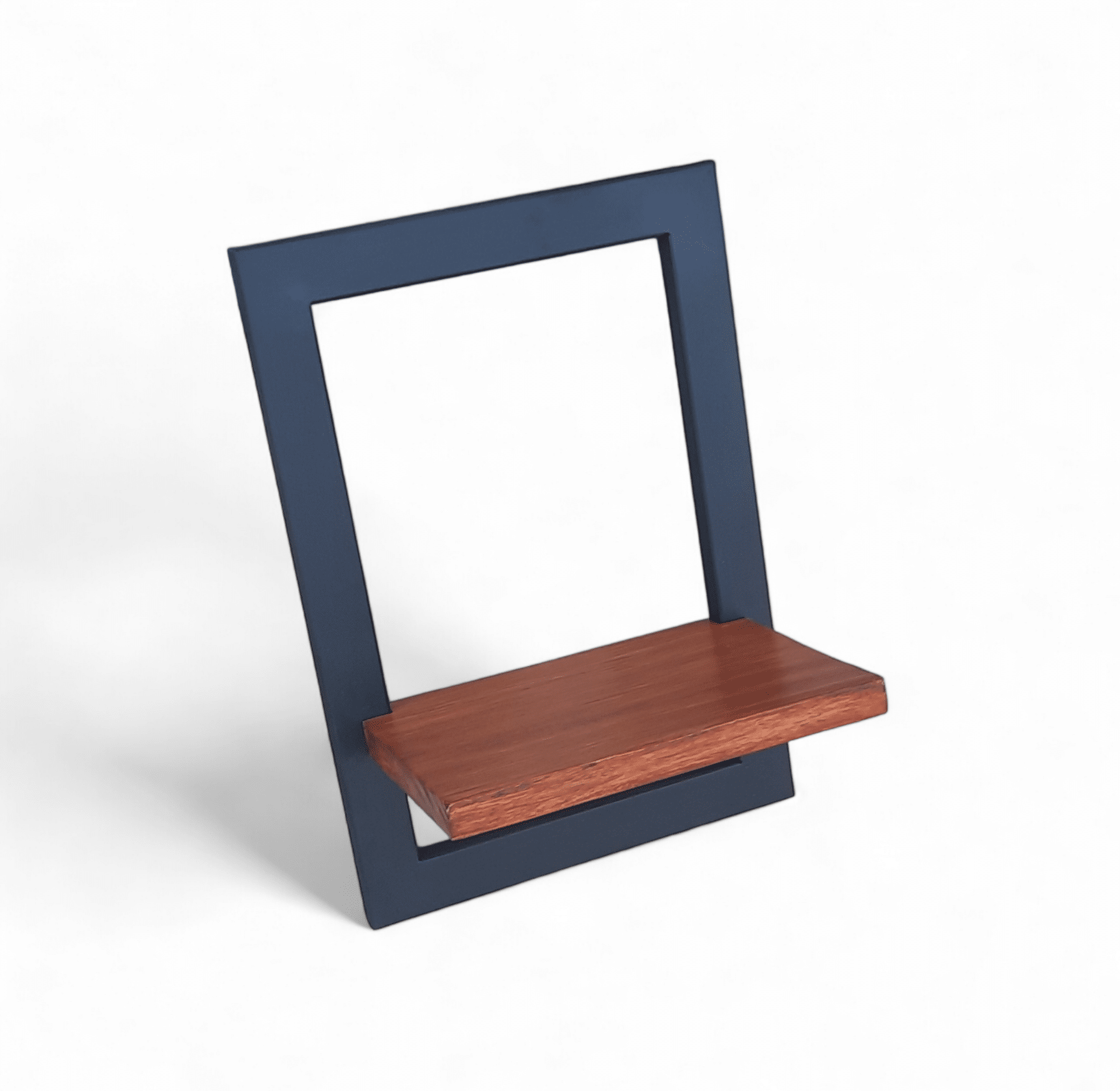 Estante moderno en forma de marco negro con repisa de madera.