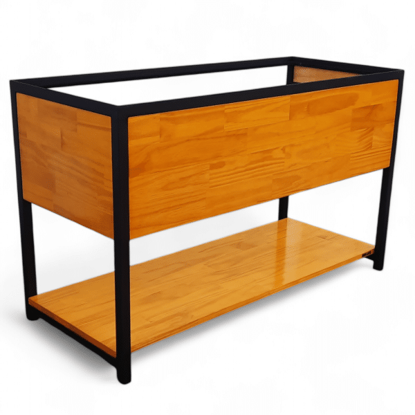 Mueble de madera y metal con estante inferior, diseño minimalista y moderno.