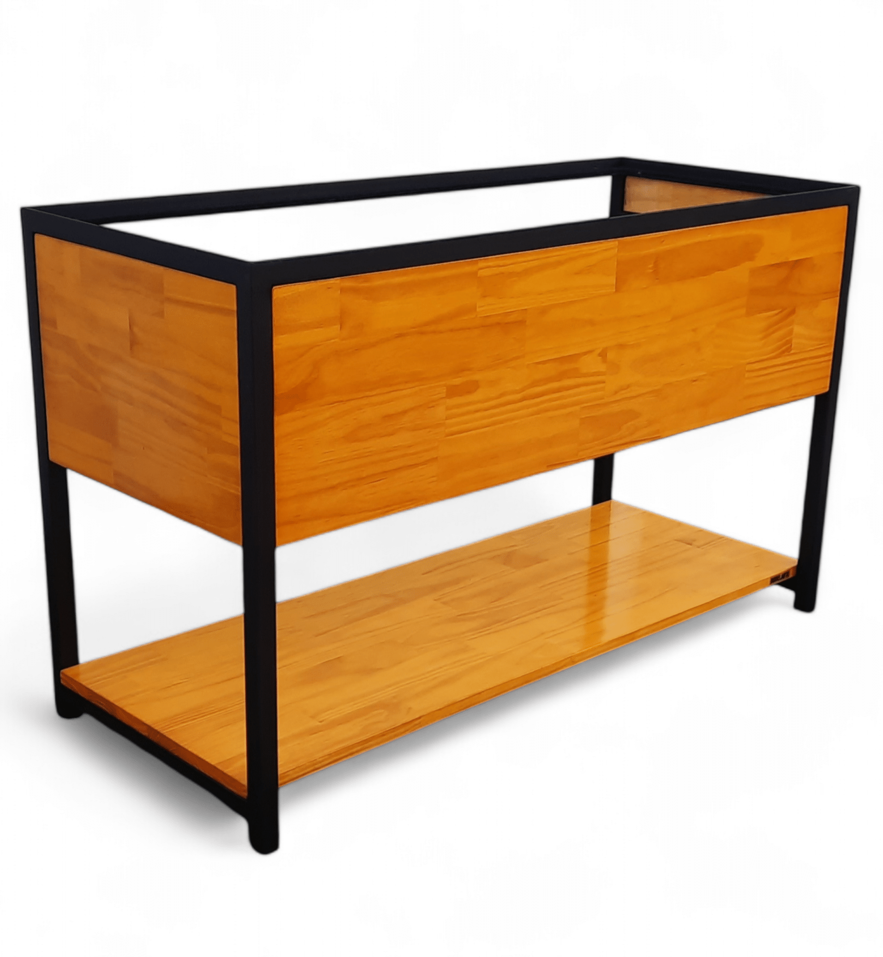 Mueble de madera y metal con estante inferior, diseño minimalista y moderno.