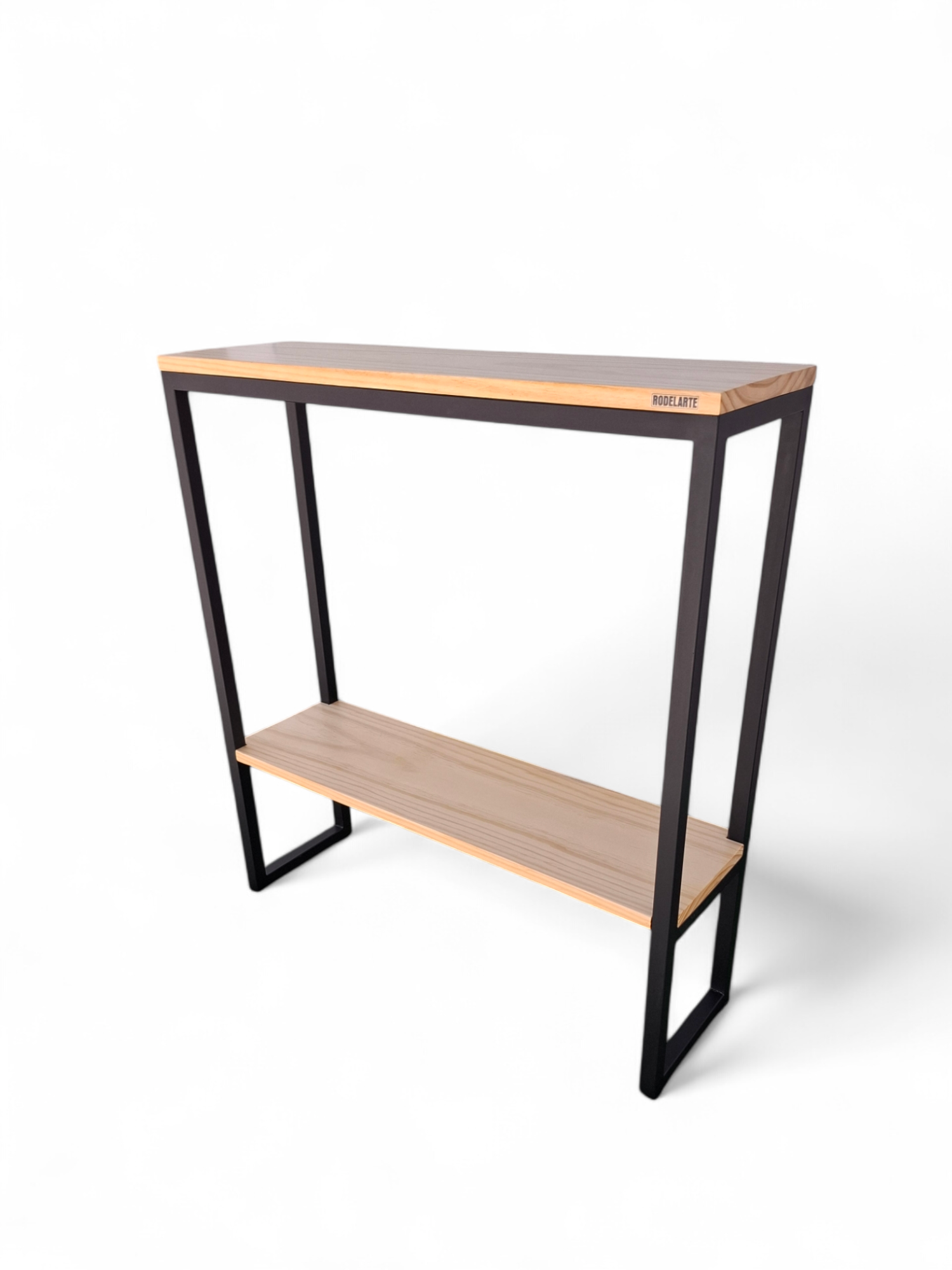 Mesa consola moderna de madera con marco de metal negro y doble nivel, diseño minimalista elegante.