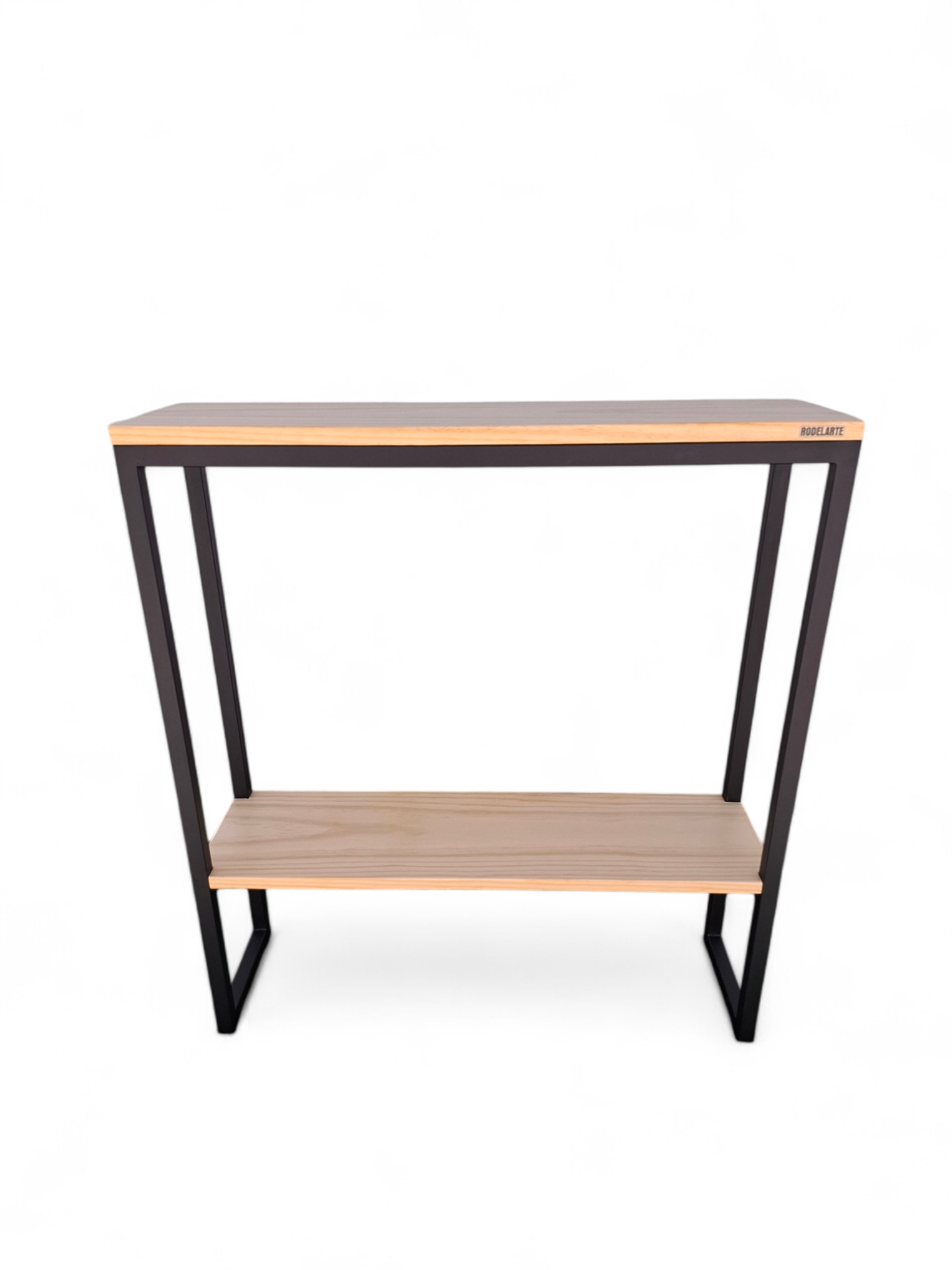 Mesa de madera con estructura metálica negra, diseño minimalista y moderna.