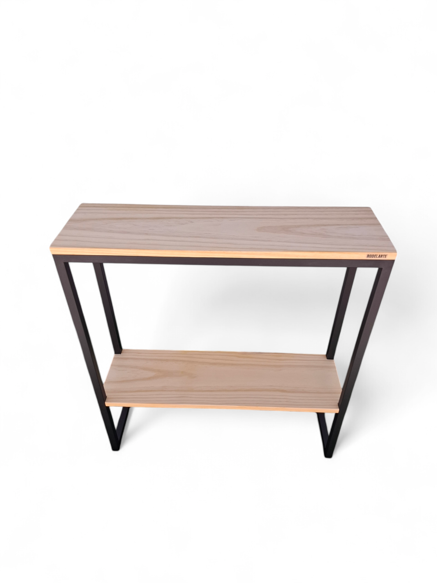 Mesa consola minimalista de madera clara con estructura de metal negro.