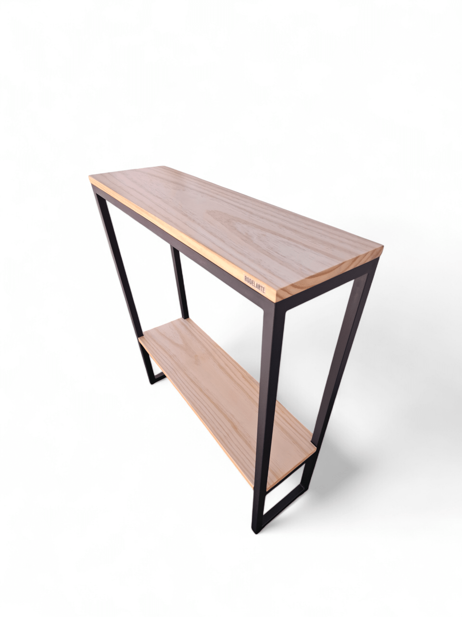 Mesa consola de madera con estructura metálica negra en diseño moderno minimalista.