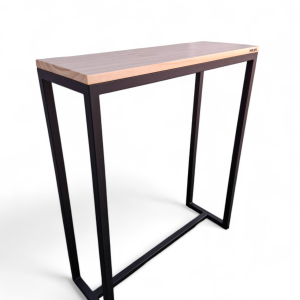 Mesa consola con base de metal negro y superficie de madera clara, diseño minimalista.