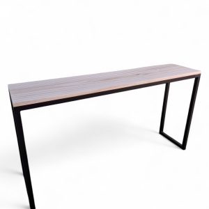 Mesa de consola minimalista con tablero de madera y estructura de metal negro.