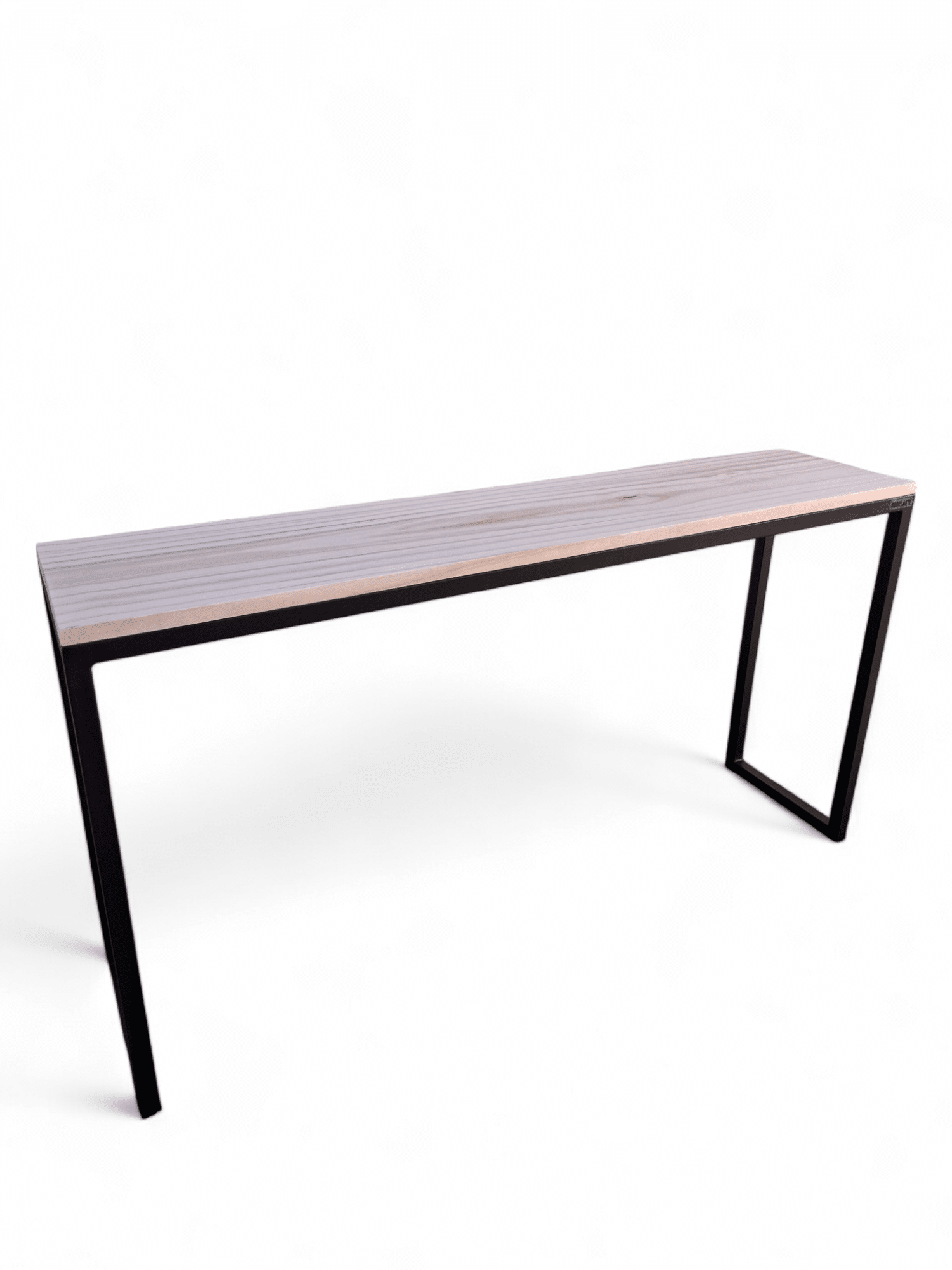 Mesa de consola minimalista con tablero de madera y estructura de metal negro.