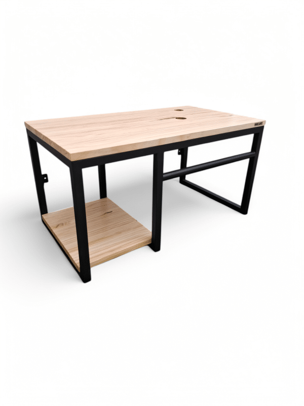 Mueble de baño de madera clara y estructura metálica negra. Incluye estante inferior del mismo material que el tablero. Diseño minimalista y funcional.