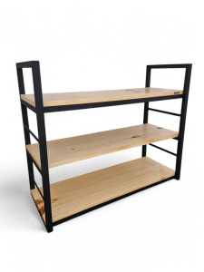 Estante para recibidor con estructura metálica negra y estantes de madera. Ideal para organizar calzado, bolsos y llaves al entrar en casa. Diseño moderno y funcional.