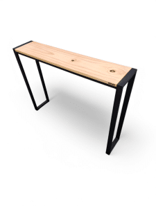 Consola recibidor minimalista con cubierta de madera y estructura metálica negra. Ideal para entradas modernas, combinando funcionalidad y diseño elegante en espacios reducidos.