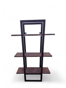 Estantería rústica de madera y metal, ideal para decorar hogares con estilo industrial. Perfecta para libros, plantas o artículos decorativos en salas de estar o estudios.