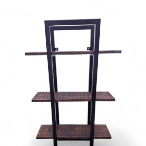Estantería rústica de madera y metal, ideal para decorar hogares con estilo industrial. Perfecta para libros, plantas o artículos decorativos en salas de estar o estudios.