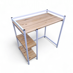 Mueble de lavadero de metal con tablero y estantes de madera. Ideal para optimizar espacio, organizar detergentes y utensilios en áreas de lavado.