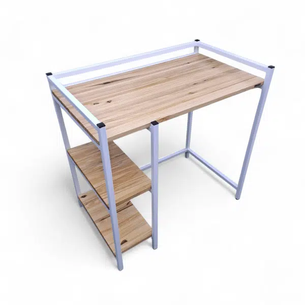 Mueble de lavadero de metal con tablero y estantes de madera. Ideal para optimizar espacio, organizar detergentes y utensilios en áreas de lavado.