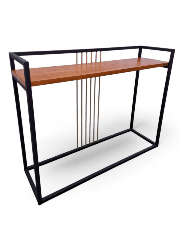Mesa recibidor elegante de estructura negra y detalles dorados, ideal para decoración de entradas modernas y sofisticadas. Parte del estilo 'Recibidor Dorado'.