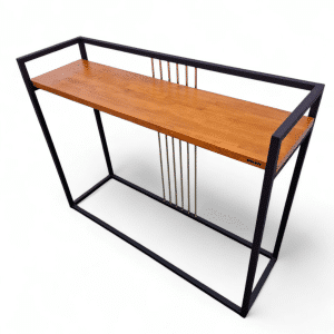 Mesa de recibidor con diseño moderno, estructura metálica negra y detalles dorados, ideal para añadir elegancia y funcionalidad a la entrada de tu hogar.
