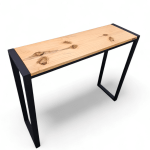 Consola moderna de entrada con tablero de madera rústico y estructura metálica negra, ideal para decorar el recibidor y colocar llaves u objetos decorativos.