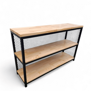 Mesada recibidor de madera con estructura metálica, de tres niveles. Ideal para organizar objetos y decorar la entrada del hogar. Diseño funcional y moderno.