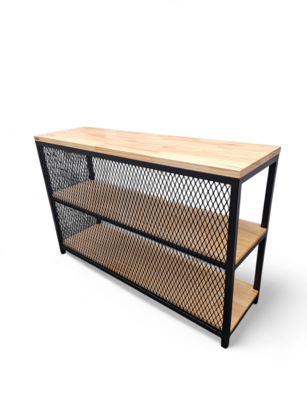 Mesada recibidor moderna con estantes de madera y estructura metálica, ideal para decoración o almacenaje en la entrada del hogar.