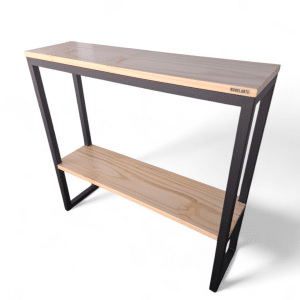 Moderna mesita de entrada con estructura metálica negra y estantes de madera clara. Ideal para organizar el espacio con estilo minimalista. Perfecta para recibidores pequeños.