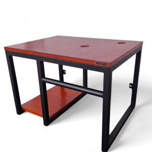 Mueble suspendido para baño con estructura metálica negro y superficies de madera. Ideal para colocación de lavamanos, optimizando espacio y diseño moderno.