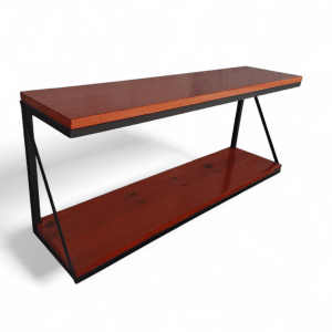 Estantería colgante moderna con estantes de madera oscura y estructura metálica negra. Ideal para organizar libros en espacios reducidos, combinando estilo y funcionalidad.