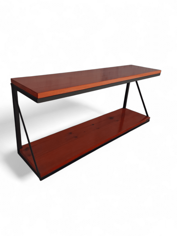 Estante Flotante de Almacenaje Práctico Estantería colgante moderna con estantes de madera oscura y estructura metálica negra. Ideal para organizar libros en espacios reducidos, combinando estilo y funcionalidad.