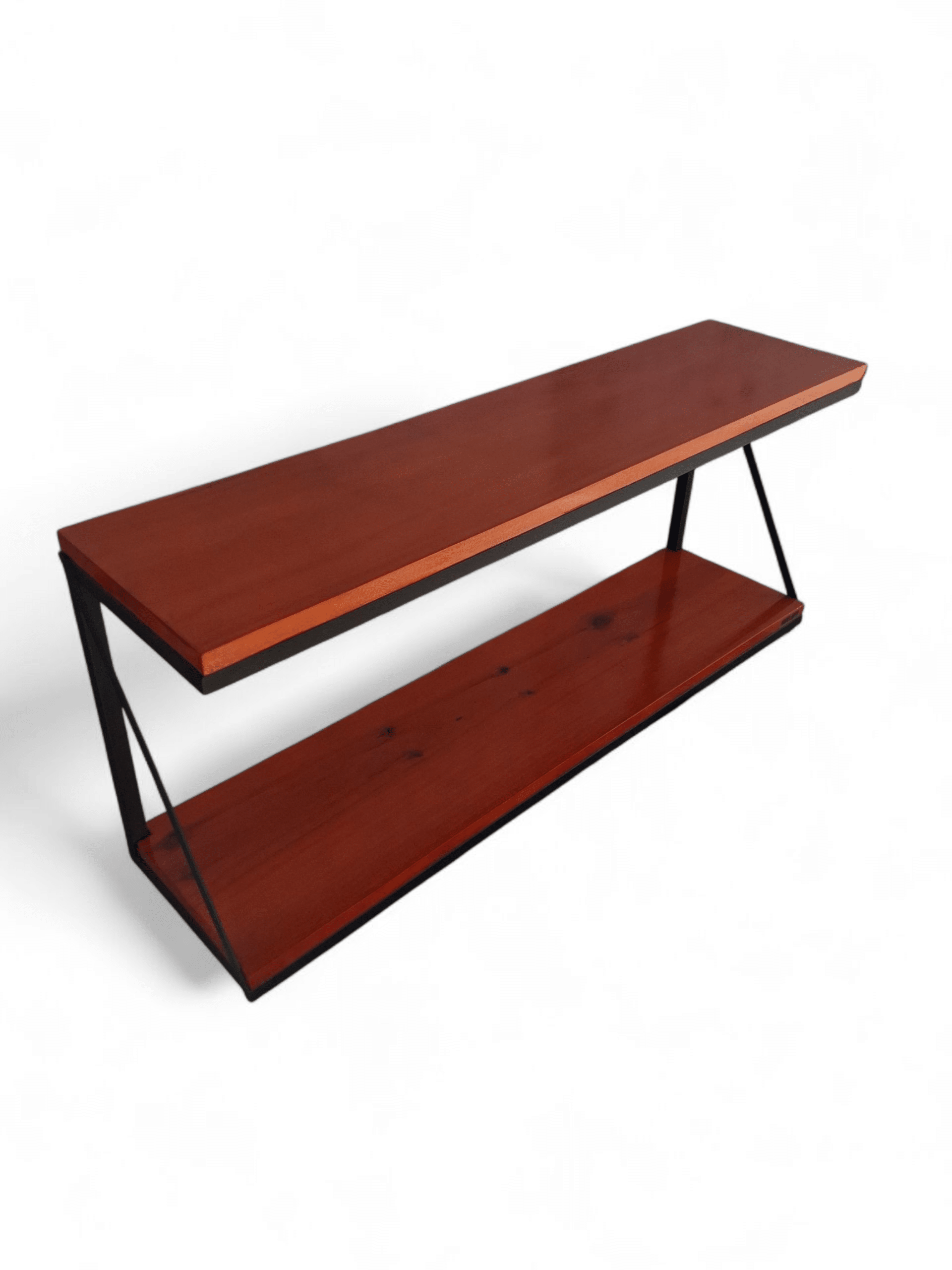 Estantería colgante de madera con soporte metálico negro, ideal para almacenar libros y decorar el hogar con estilo moderno y funcional.