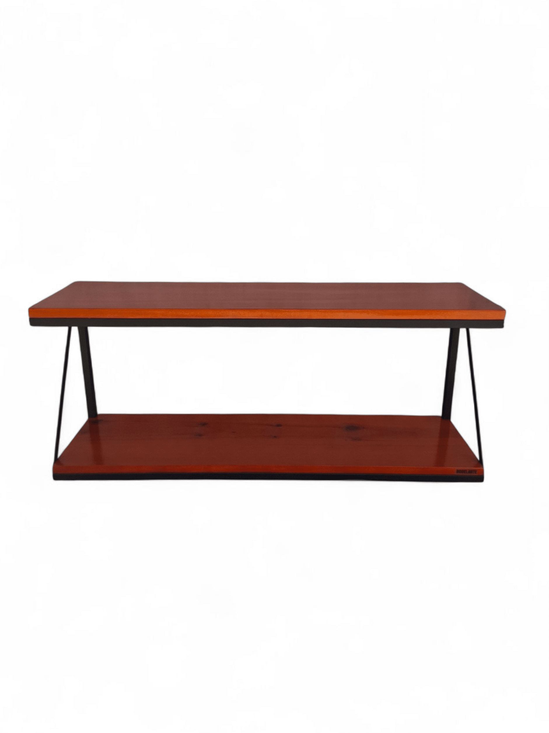 Estantería colgante de madera oscura con soporte metálico negro. Ideal para exhibir libros de forma estética y ahorrar espacio en salas de estar o estudios.