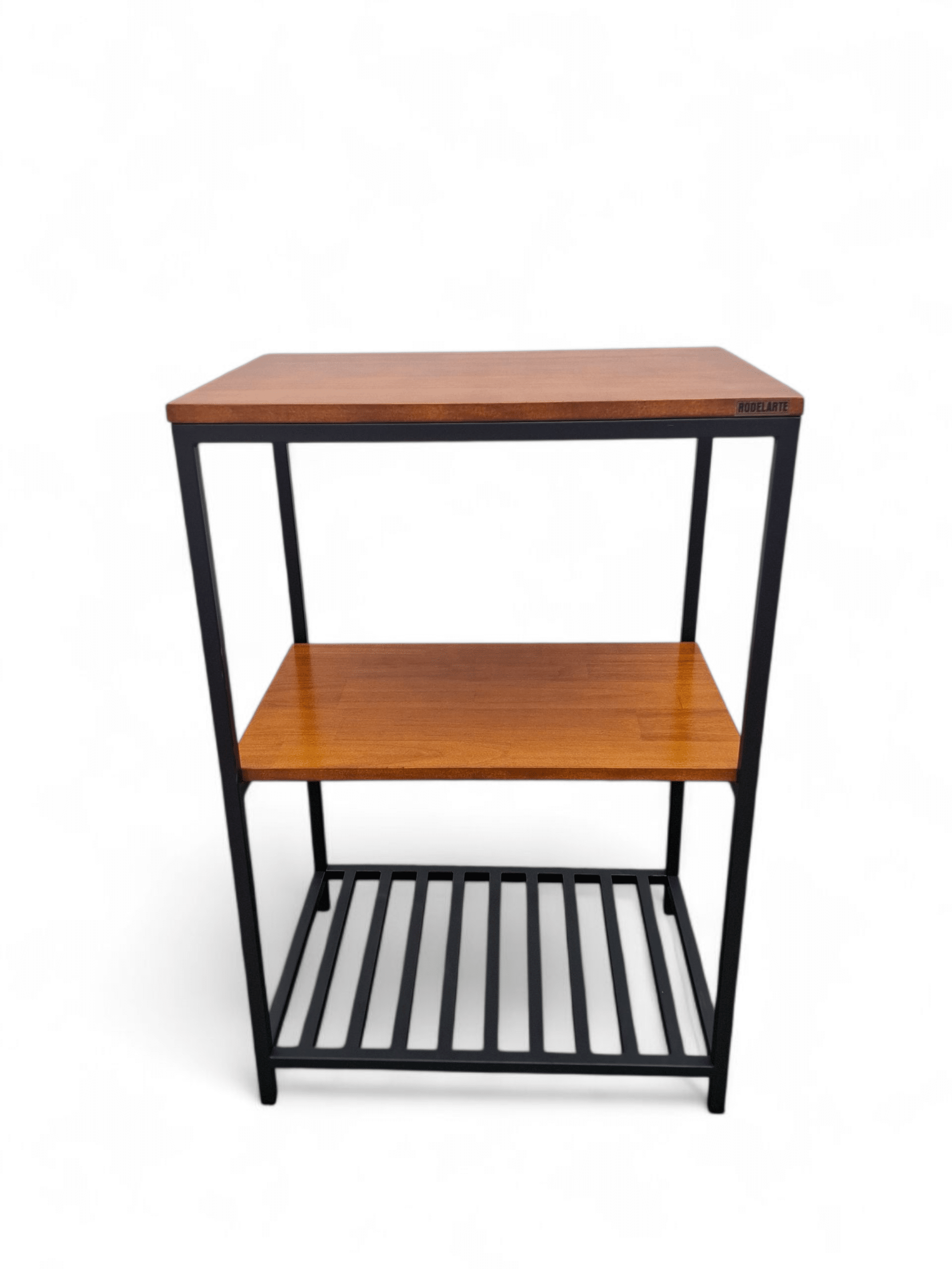 Mesita revistero moderna con estructura metálica negra y estantes de madera, ideal para organizar revistas y decorar salones u oficinas con un toque elegante y funcional.