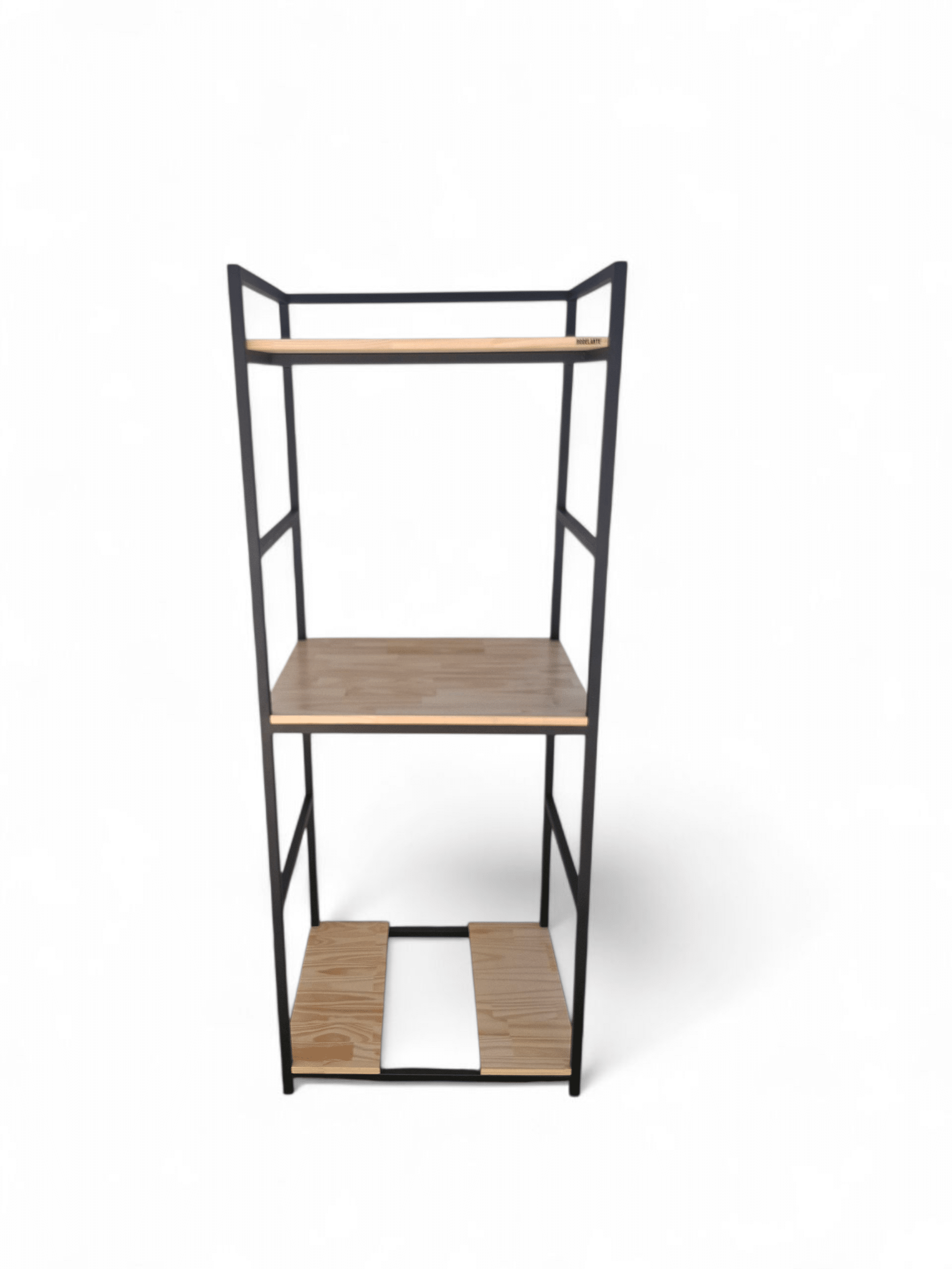 Estantería de metal negro y madera para lavadero, ideal para organizar detergentes, toallas y accesorios. Perfecta para optimizar el espacio y mantener el área de lavado ordenada.