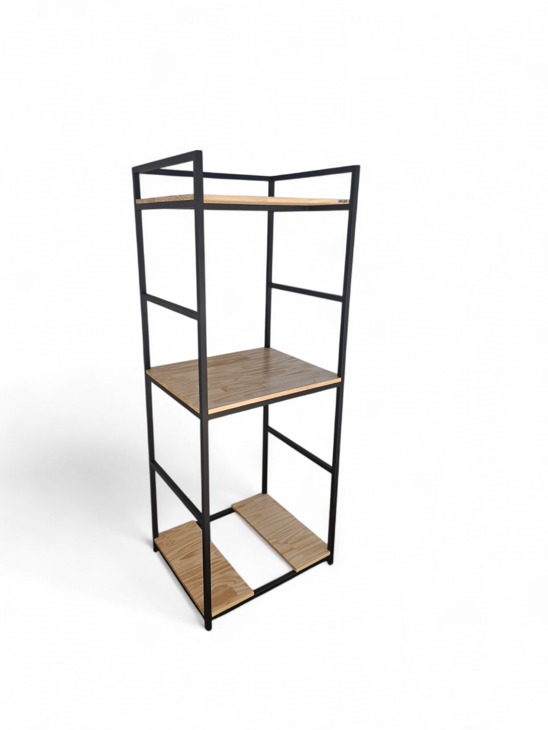 Estantería metálica y de madera para lavadero, ideal para organizar detergentes y utensilios. Diseño compacto y funcional con múltiples niveles de almacenamiento.