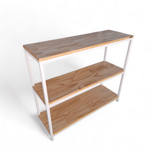 Repisa auxiliar de cocina con estantes de madera y estructura metálica blanca, ideal para organizar utensilios, especias o productos de cocina, optimizando el espacio disponible.