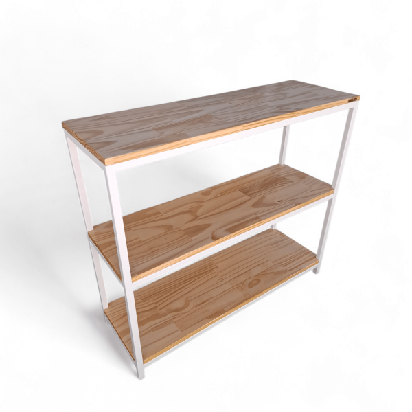 Repisa auxiliar de cocina con estantes de madera y estructura metálica blanca, ideal para organizar utensilios, especias o productos de cocina, optimizando el espacio disponible.