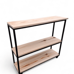 Mueble recibidor móvil de tres estantes de madera con estructura metálica negra, ideal para almacenar libros y decoraciones en la entrada del hogar.