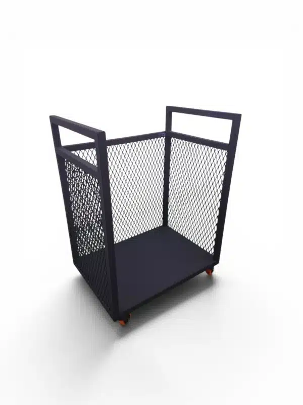 Leñero de interior con diseño moderno y estructura metálica, ideal para almacenar y transportar leña de forma segura y elegante en espacios interiores.
